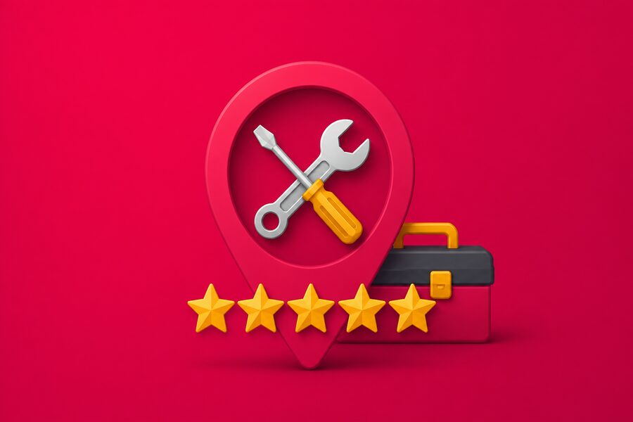 Illustration Handwerker: Werkzeug-Symbol mit Standort-Pin und Sternen