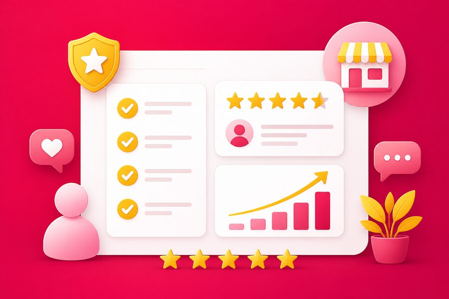 Illustration Bewertungsmanagement: Dashboard mit Checkliste und Sternen