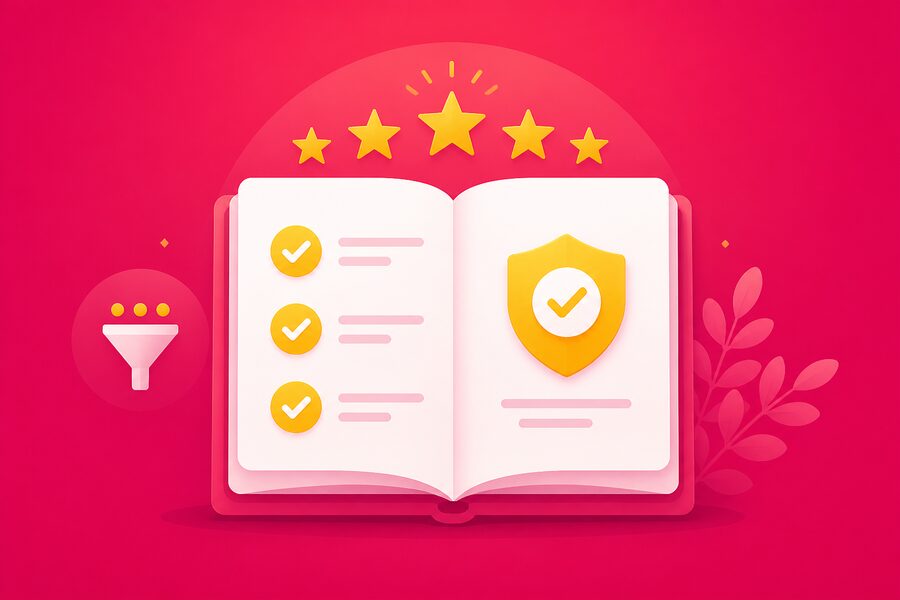 Illustration Google-Richtlinien: Regelbuch mit Haken und Schild