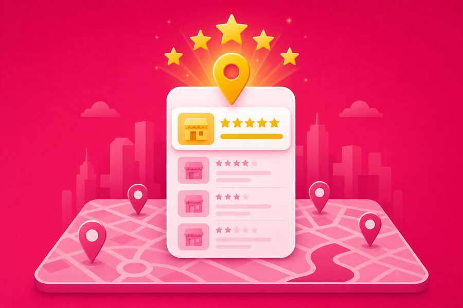 Illustration Local SEO: Karte mit Standort-Pins und Ranking