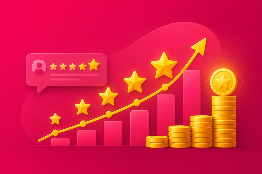 Illustration ROI: steigendes Diagramm mit Sternen und Muenzen