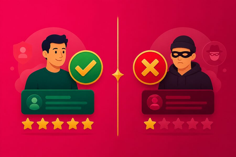 Illustration serioes vs unserioes: gruener Haken gegen rotes Warnzeichen